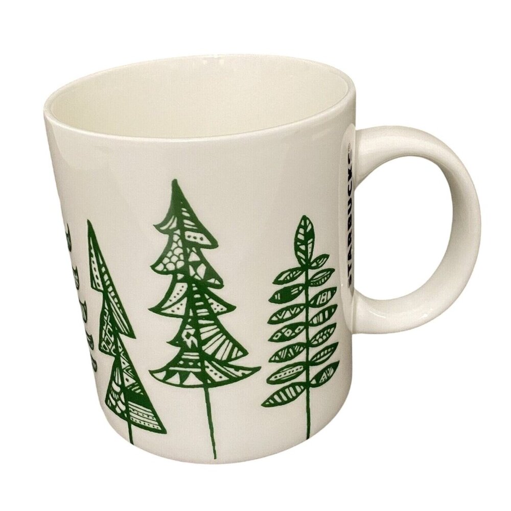 Starbucks 2015 Holiday Coffee Mug‎ 12 oz White Evergreen Trees Christmas Winter